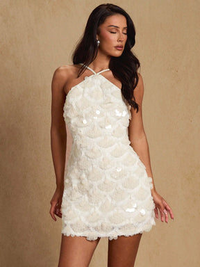 Vestido Curto Feminino de Alça Fina Sem Mangas com Aplicação de Lantejoulas