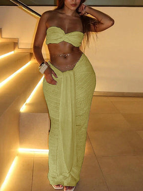 2 Peças Conjunto - Top Curto e Saia Longa Cintura Alta com Laço