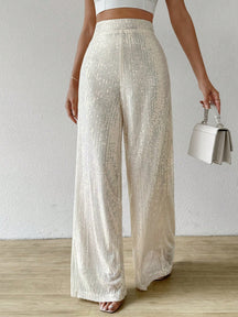 Calça de Perna Larga com Cintura Alta e Paetês