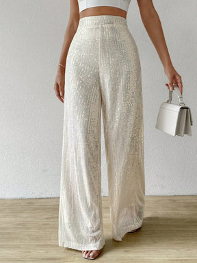 Calça de Perna Larga com Cintura Alta e Paetês