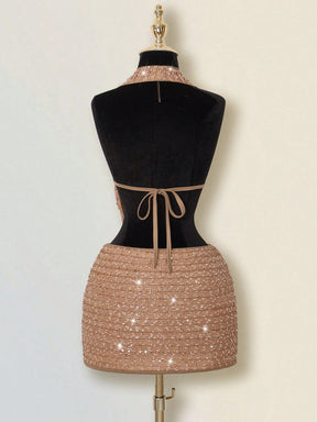 2 peças Conjunto de Top Regata com Decote com Paetês