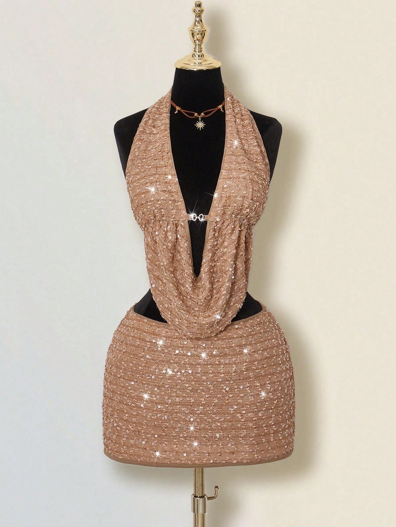 2 peças Conjunto de Top Regata com Decote com Paetês