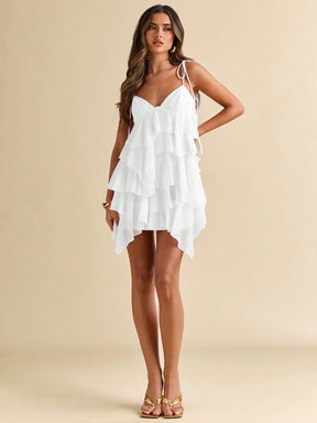 Vestido de Chiffon com Folha de Lótus, Vestido com Suspensório