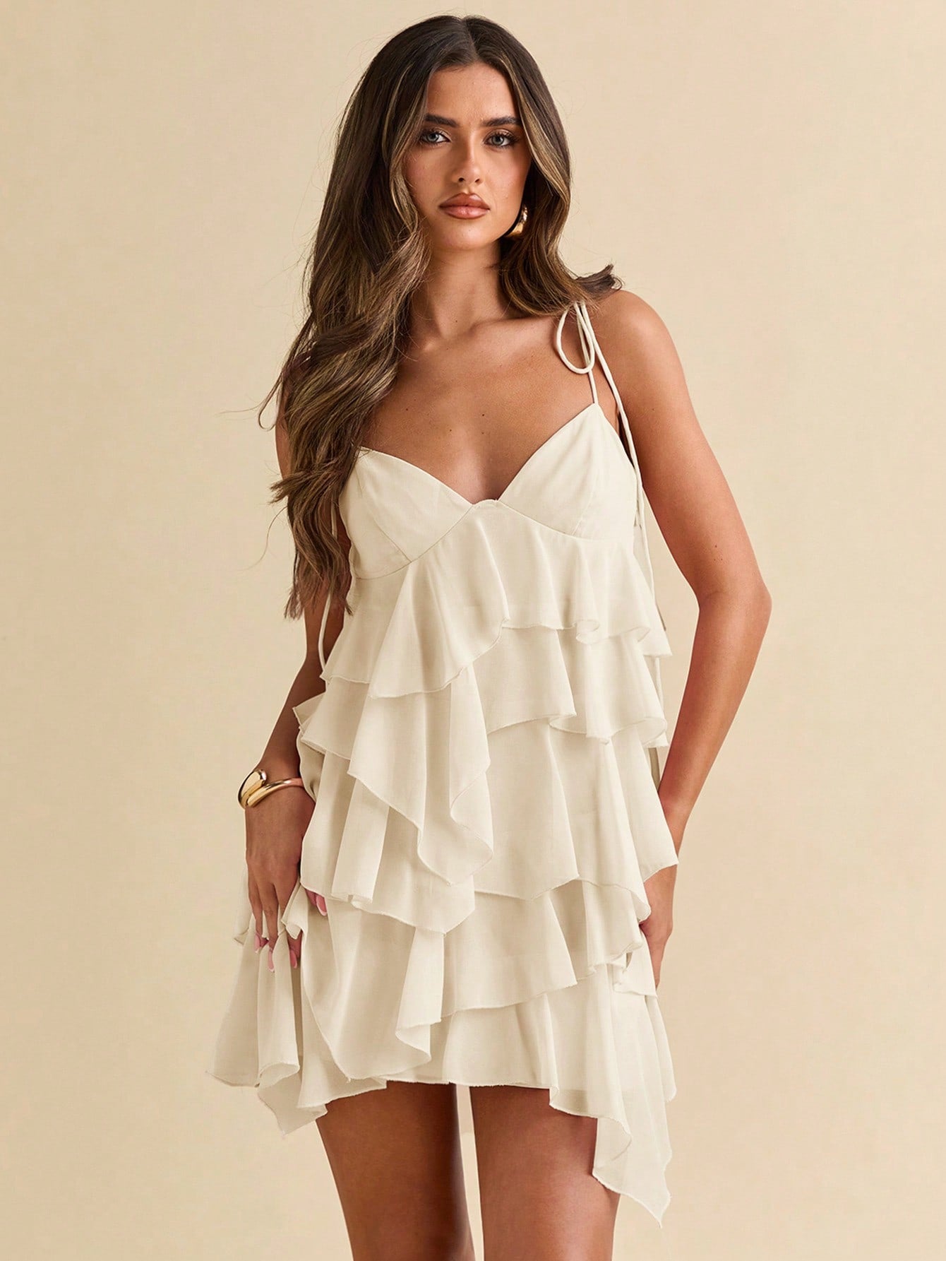 Vestido de Chiffon com Folha de Lótus, Vestido com Suspensório