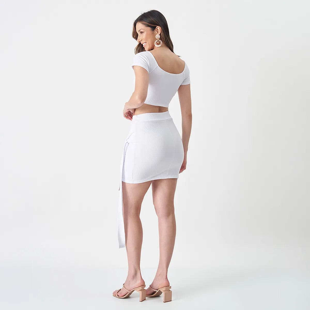 Conjunto Feminino Cropped Saia Canelado De Amarrar Ciganinha