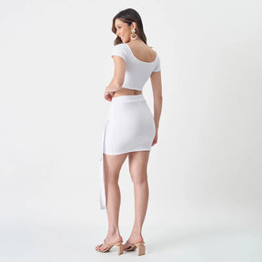 Conjunto Feminino Cropped Saia Canelado De Amarrar Ciganinha