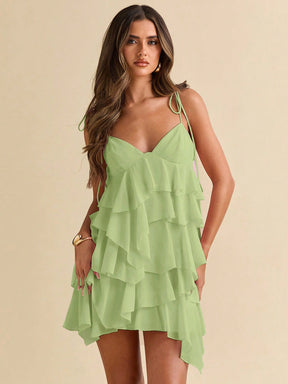 Vestido de Chiffon com Folha de Lótus, Vestido com Suspensório