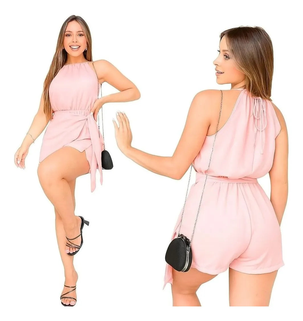 Macaquinho Curto Feminino Vestido Soltinho Crepe Duna