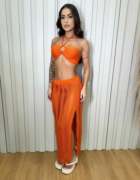 Conjunto Feminino Saida De Praia Saia Longa E Cropped